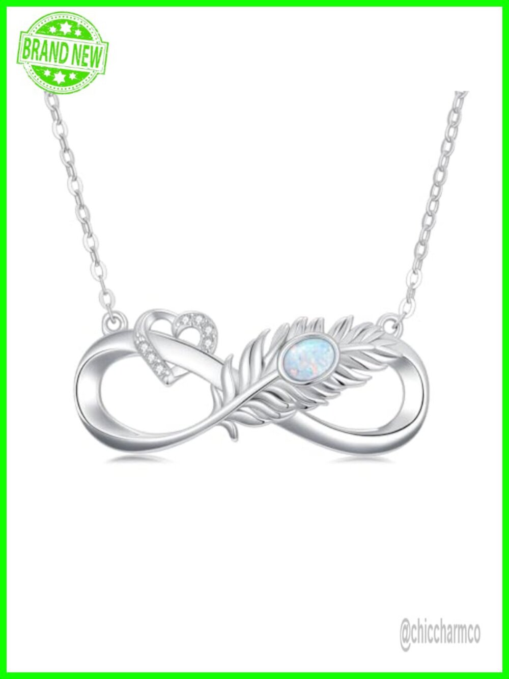 925 Sterling Silver Infinity Feather Necklace Lab Diamond Opal Pendant 18in